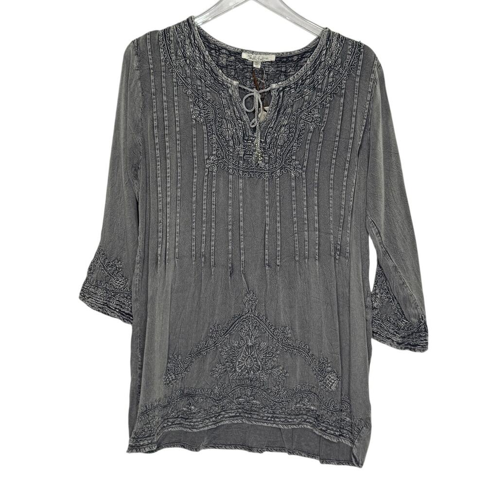 Solitaire Washed Gray Bohemian Style Tunic XL NEW Embroidery Pintuck